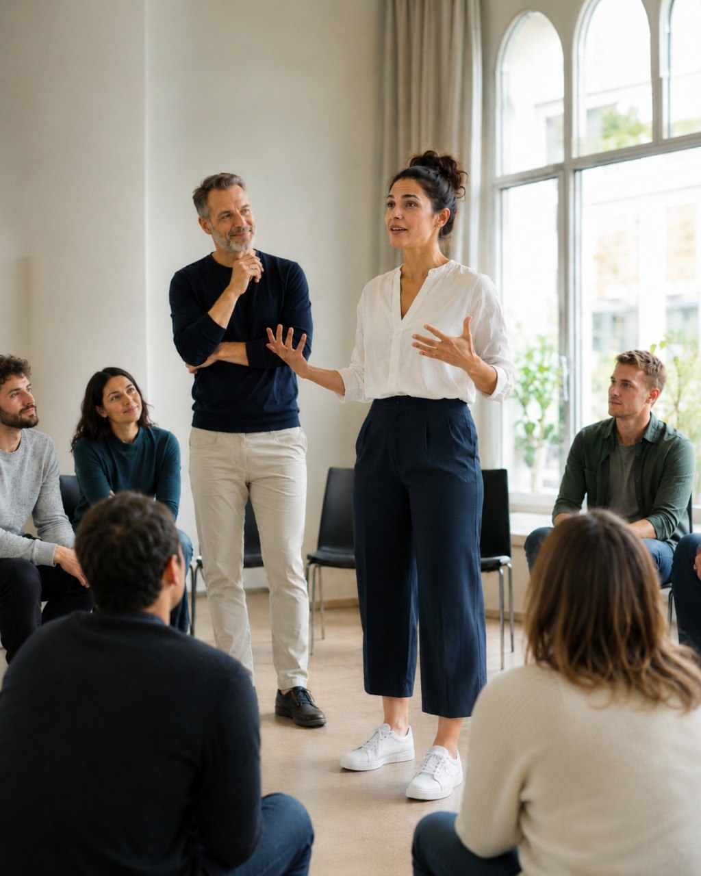 Eine Person spricht in einer Workshop-Situation vor einer Gruppe.
